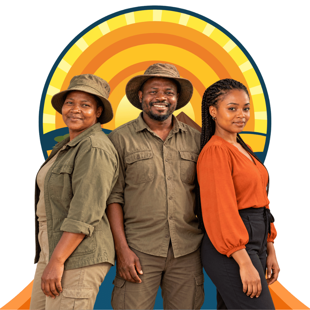 Three people representing biogas, agriculture, and enterprise training at AGT CIE
