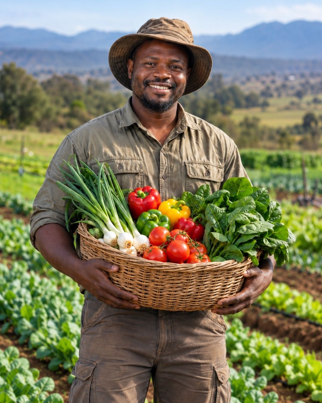 A farmer holding a basket of fresh vegetables