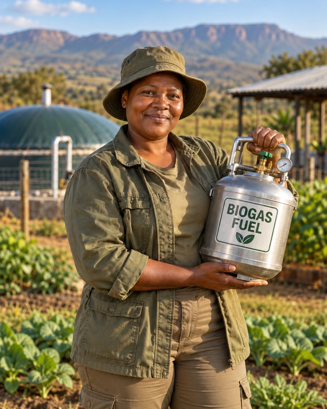A woman holding a biogas fuel cylinder beside a biodigester